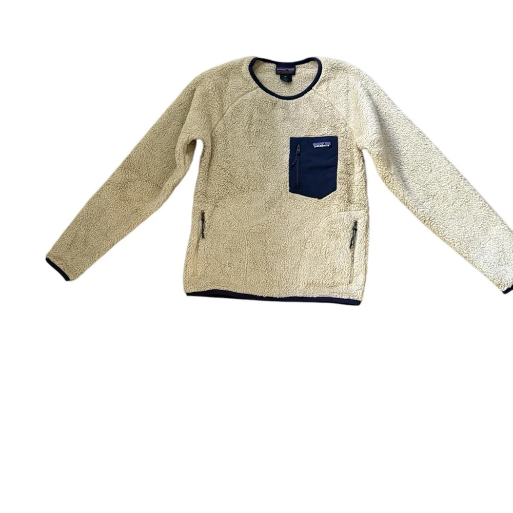 Patagonia Los Gatos Teddy High Pile Fleece Crew Neck Tan/Navy Size XS